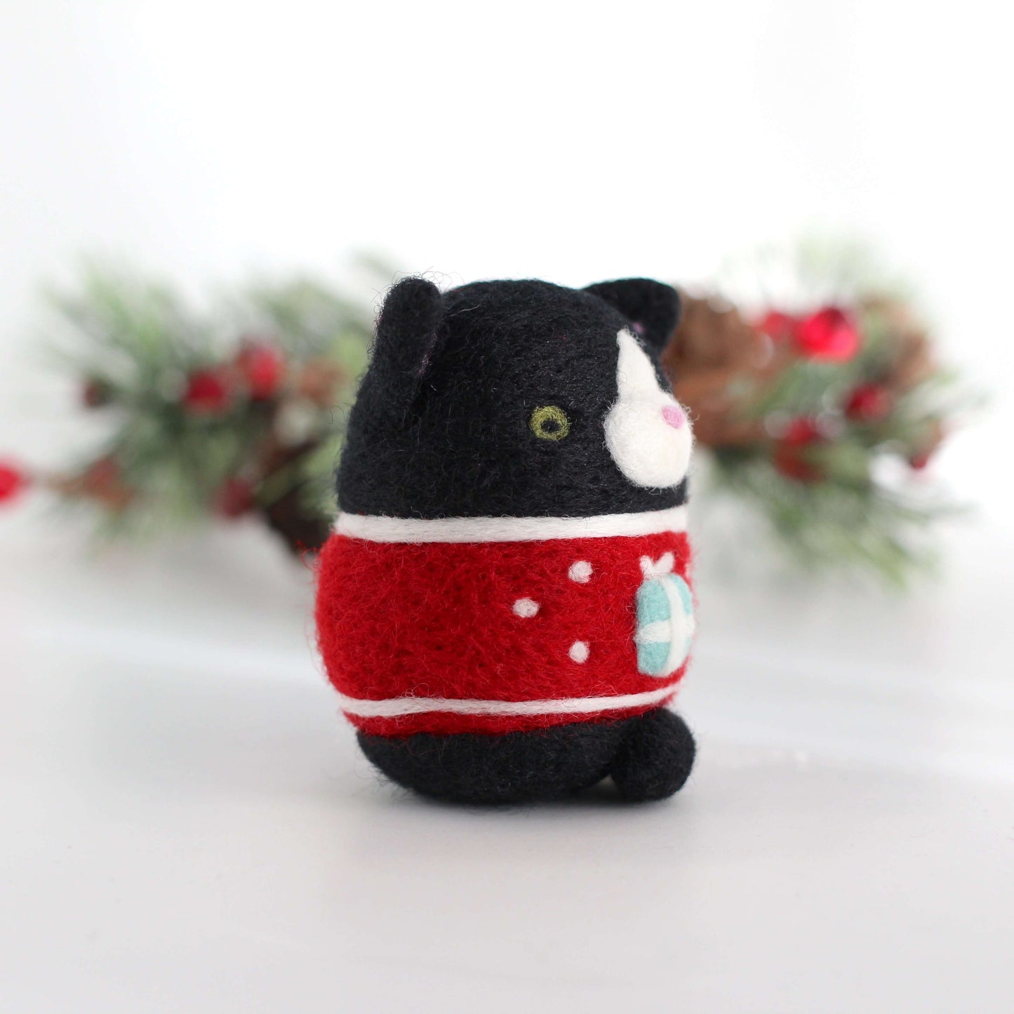 Needle Felted Tuxedo Cat in Gift Box Christmas Sweater