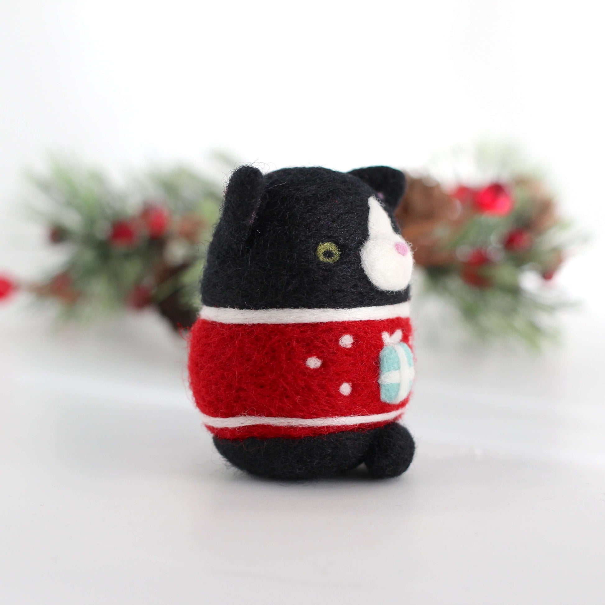Needle Felted Tuxedo Cat in Gift Box Christmas Sweater by Wild Whimsy Woolies
