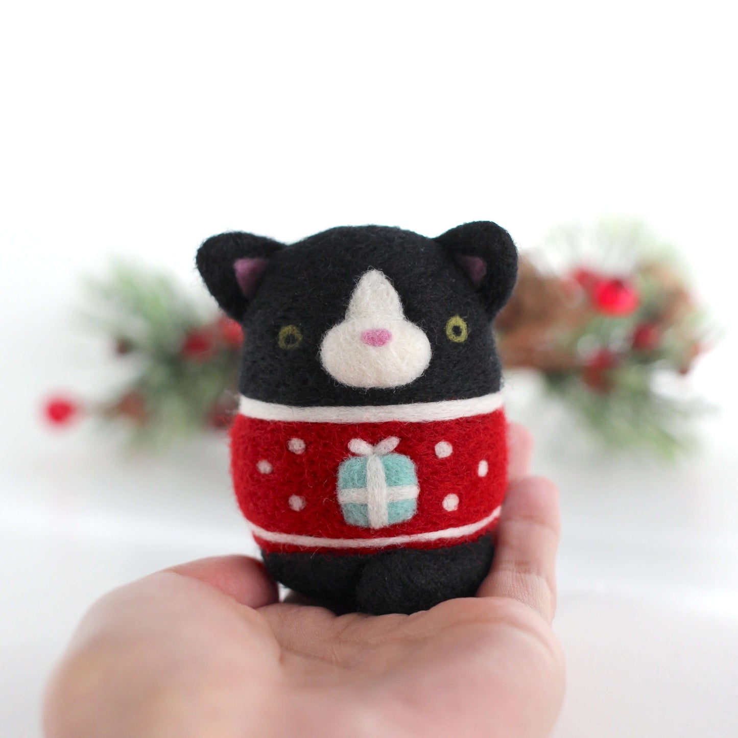 Needle Felted Tuxedo Cat in Gift Box Christmas Sweater