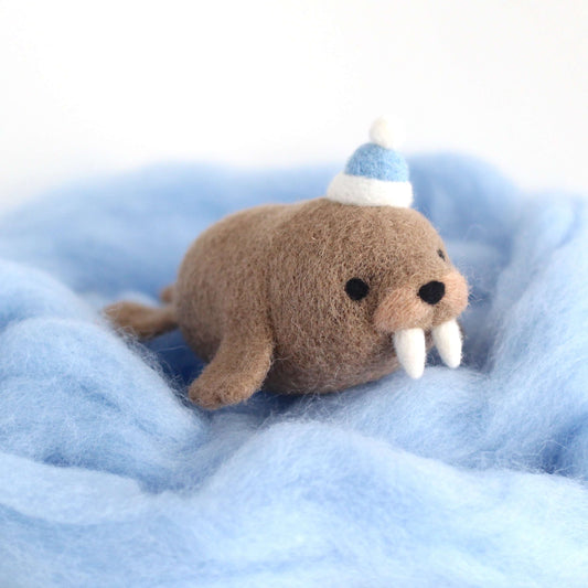 Needle Felted Walrus with Blue Hat
