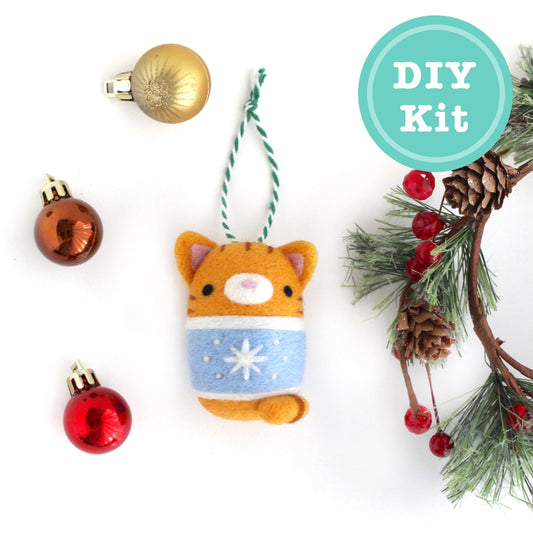 Needle Felting Kit: Christmas Sweater Cat Ornament (Ginger Tabby) - DIY Felting Kit