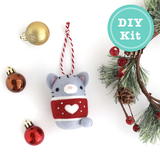 Needle Felting Kit: Christmas Sweater Cat Ornament (Grey Tabby) - DIY Felting Kit
