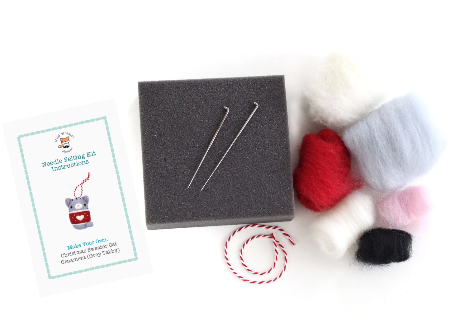 Needle Felting Kit: Christmas Sweater Cat Ornament (Grey Tabby) - DIY Felting Kit