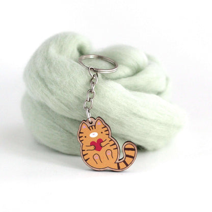 Orange Tabby Cat Wooden Keychain - Sustainable Gift - Cute Keychain by Wild Whimsy Woolies