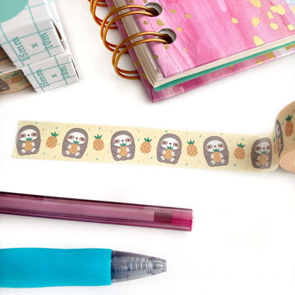 Pineapple Sloth Washi Tape - Fruit Washi Roll - Cute Sloth Stationery by Wild Whimsy Woolies
