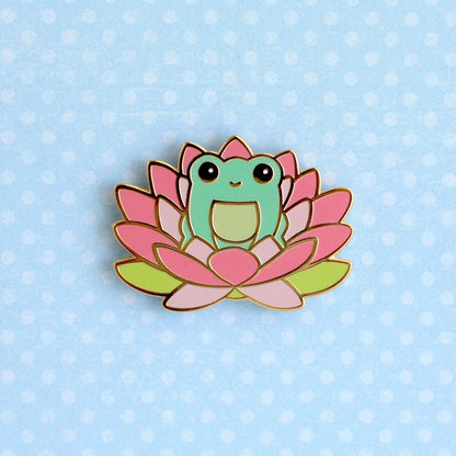 Pink Lotus Flower Frog Pin - Hard Enamel Pin - Cute Frog Gift by Wild Whimsy Woolies