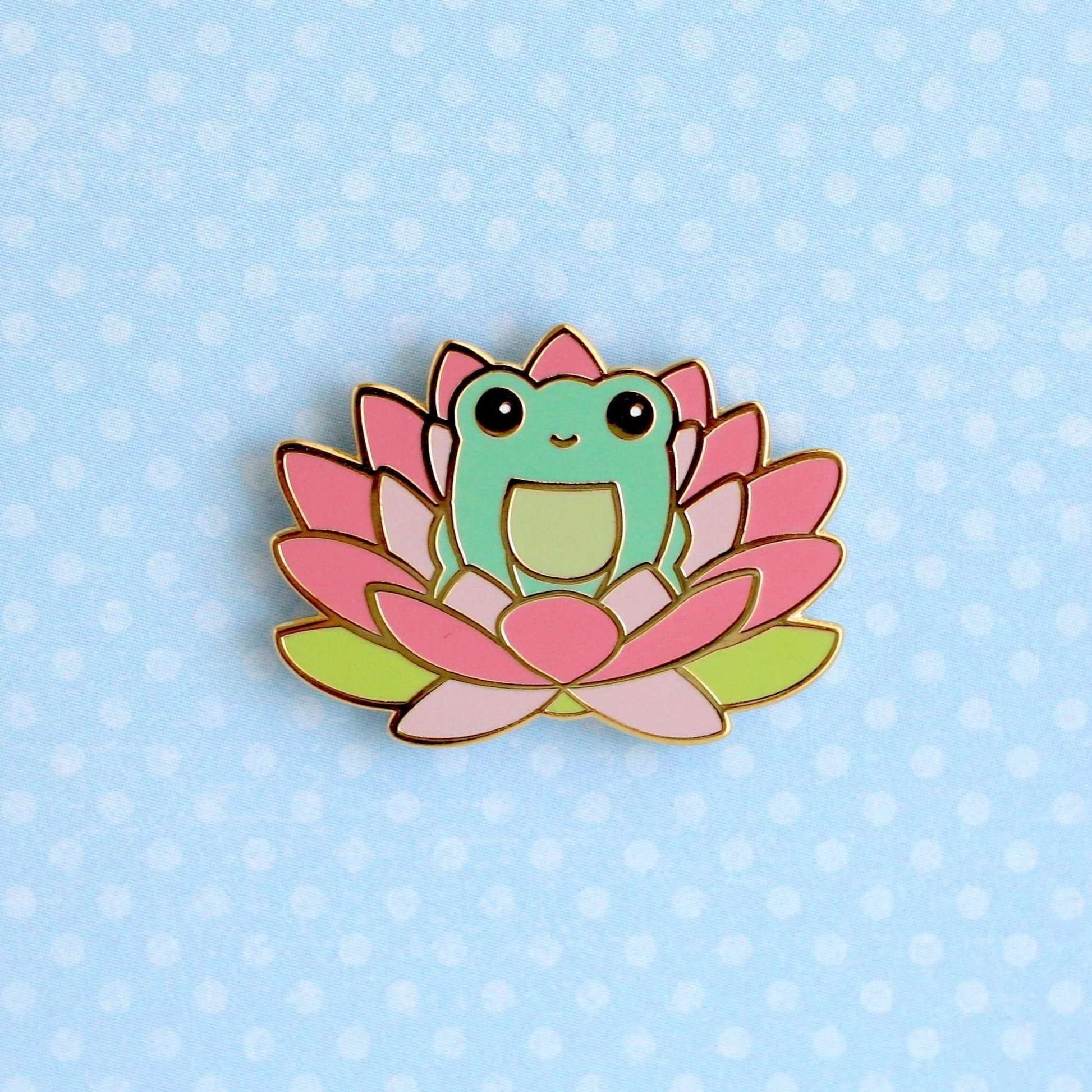 Wild Whimsy Woolies - Pink Lotus Flower Frog Pin - Hard Enamel Pin - Cute Frog