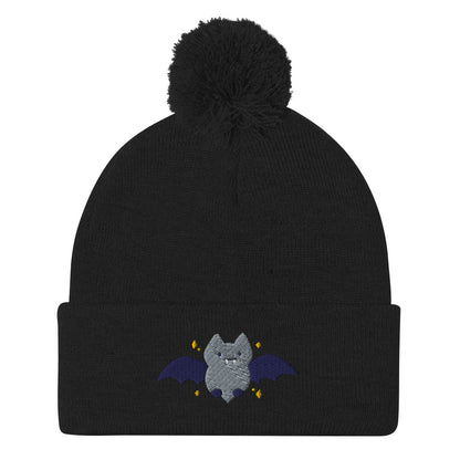 Halloween Bat Embroidered Pom-Pom Beanie. Fall / Winter Hat