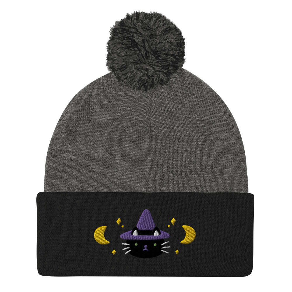 Cat Witch Pom-Pom Beanie. Halloween Fall / Winter Hat: Dark Heather Grey/ Black