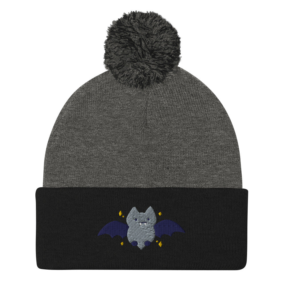 Halloween Bat Embroidered Pom-Pom Beanie. Fall / Winter Hat: Dark Heather Grey/ Black