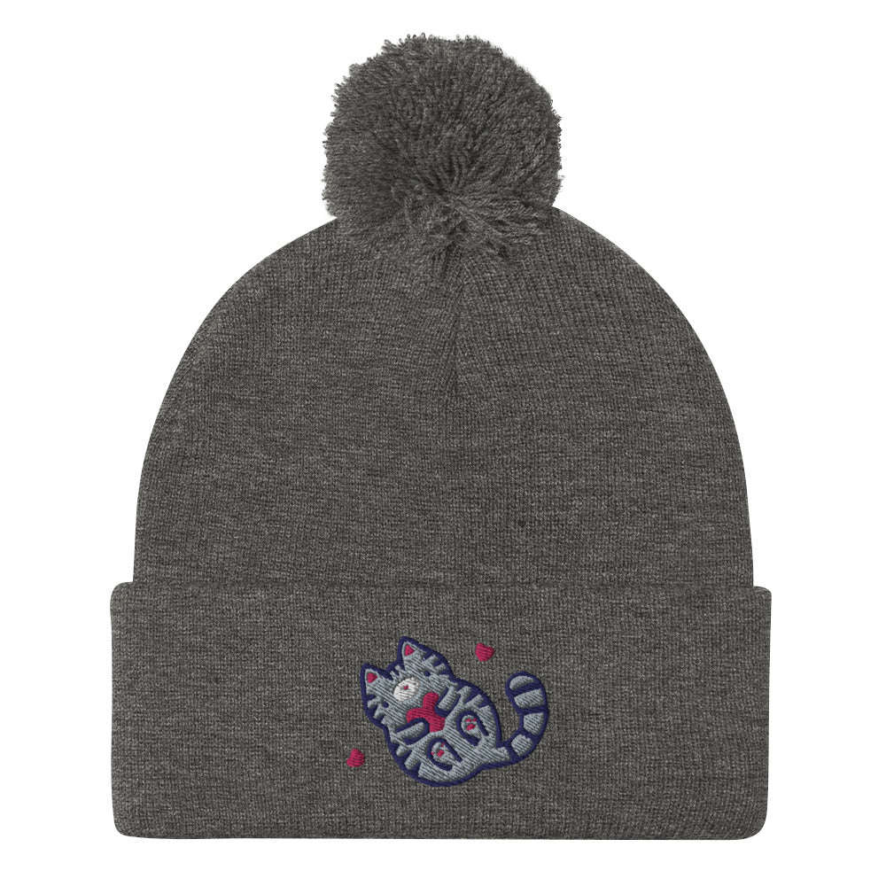 Grey Tabby Cat Pom-pom Beanie. Embroidered Kitten / Kitty Toque: Dark Heather Grey