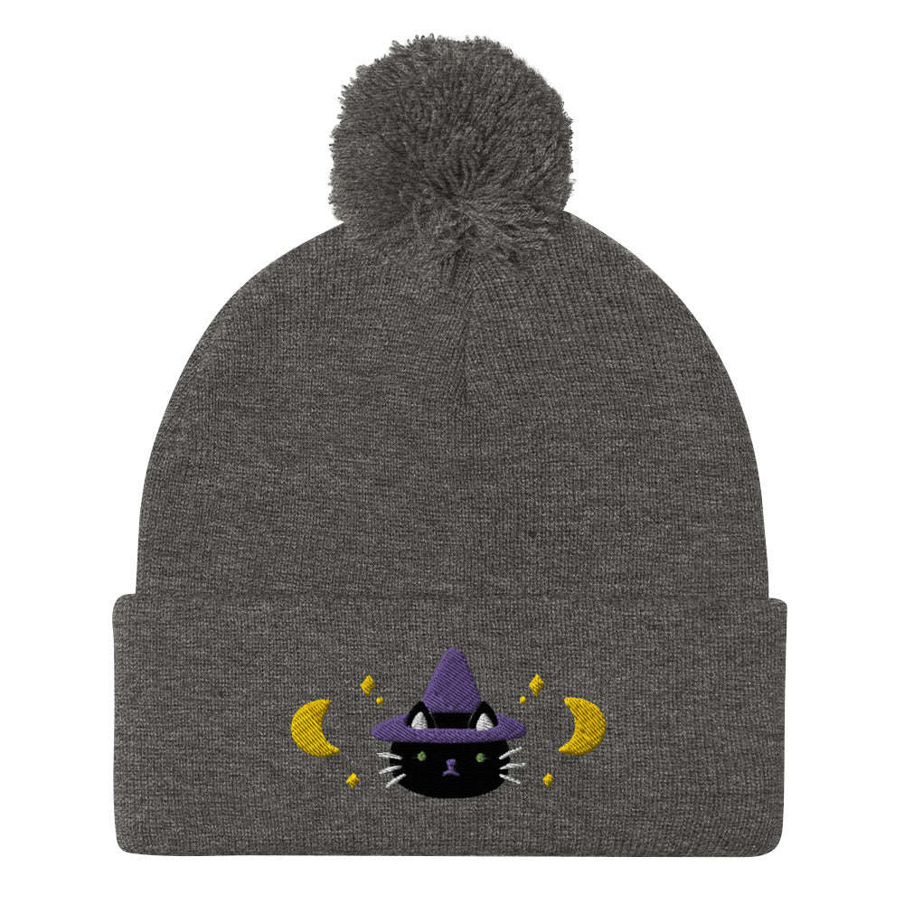 Cat Witch Pom-Pom Beanie. Halloween Fall / Winter Hat: Dark Heather Grey