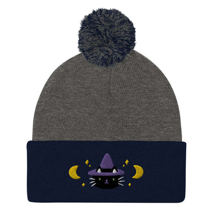 Cat Witch Pom-Pom Beanie. Halloween Fall / Winter Hat: Dark Heather Grey/ Navy