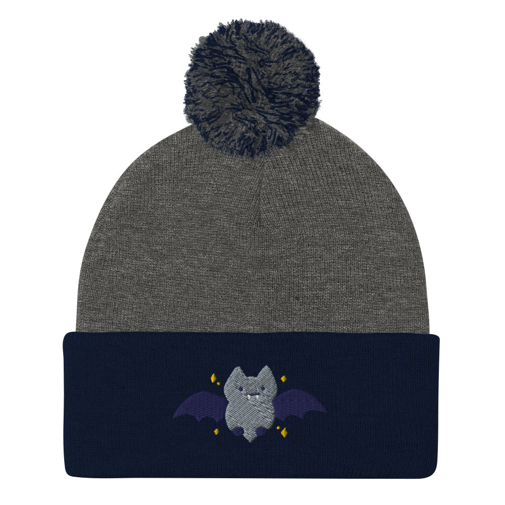 Halloween Bat Embroidered Pom-Pom Beanie. Fall / Winter Hat: Dark Heather Grey/ Navy
