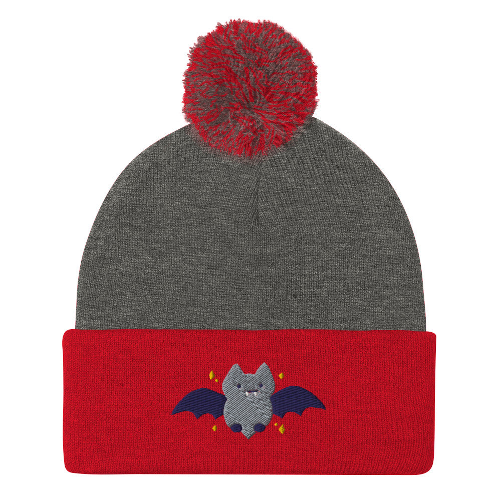 Halloween Bat Embroidered Pom-Pom Beanie. Fall / Winter Hat: Dark Heather Grey/ Red