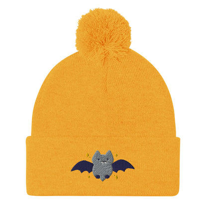 Halloween Bat Embroidered Pom-Pom Beanie. Fall / Winter Hat: Gold