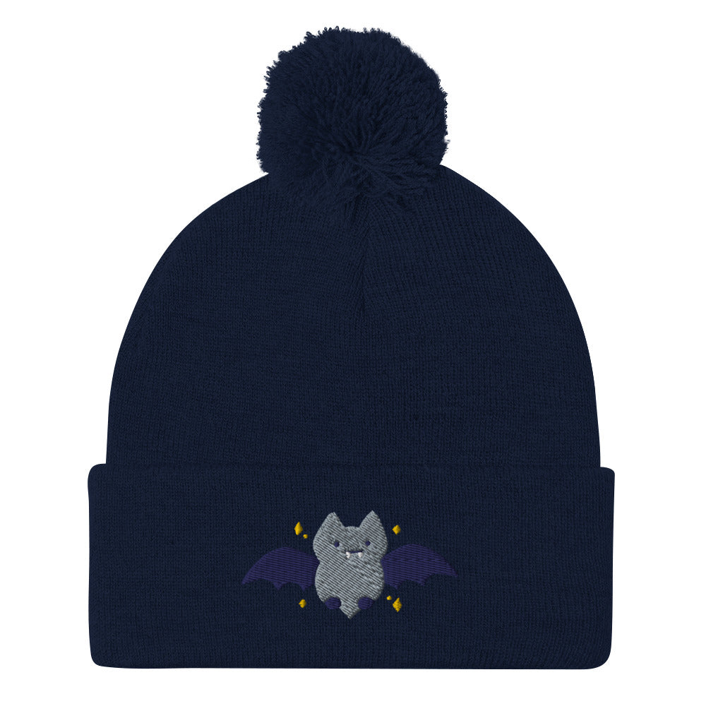Halloween Bat Embroidered Pom-Pom Beanie. Fall / Winter Hat: Navy