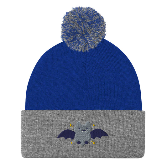 Halloween Bat Embroidered Pom-Pom Beanie. Fall / Winter Hat: Royal/ Heather Grey
