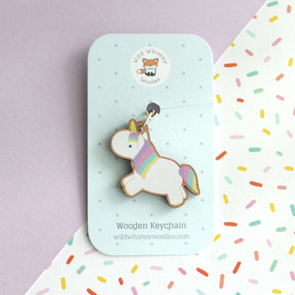 Rainbow Unicorn Wood Keychain - Unicorn Lover Gift - Backpack Charm by Wild Whimsy Woolies
