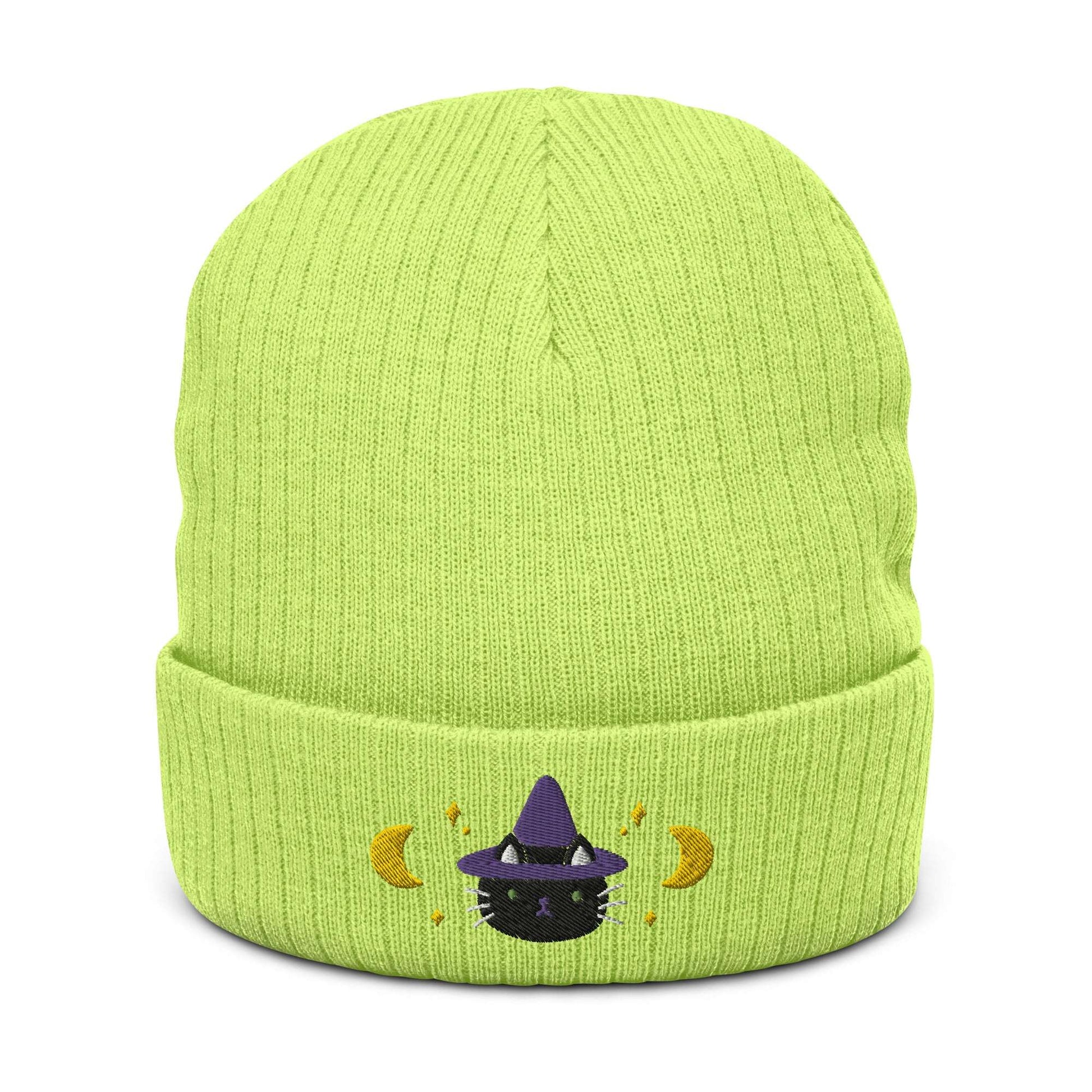 Black Cat Witch Ribbed Knit Beanie. Halloween Embroidered Beanie: Acid Green