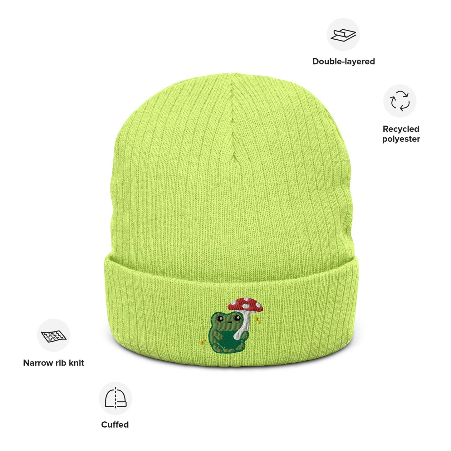 Ribbed Knit Beanie with Cute Embroidered Frog holding a Mushroom Umbrella