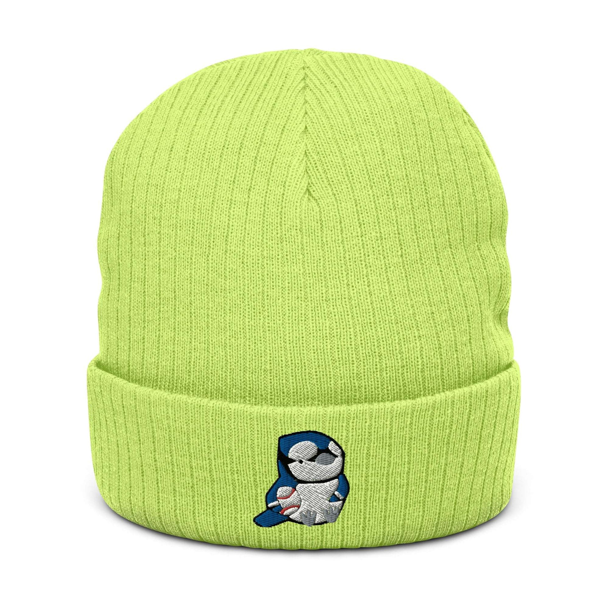 Embroidered ribbed Beanie with Blue Jay Bird Holding a Baseball: Acid Green