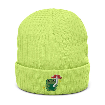Ribbed Knit Beanie with Cute Embroidered Frog holding a Mushroom Umbrella by Wild Whimsy Woolies