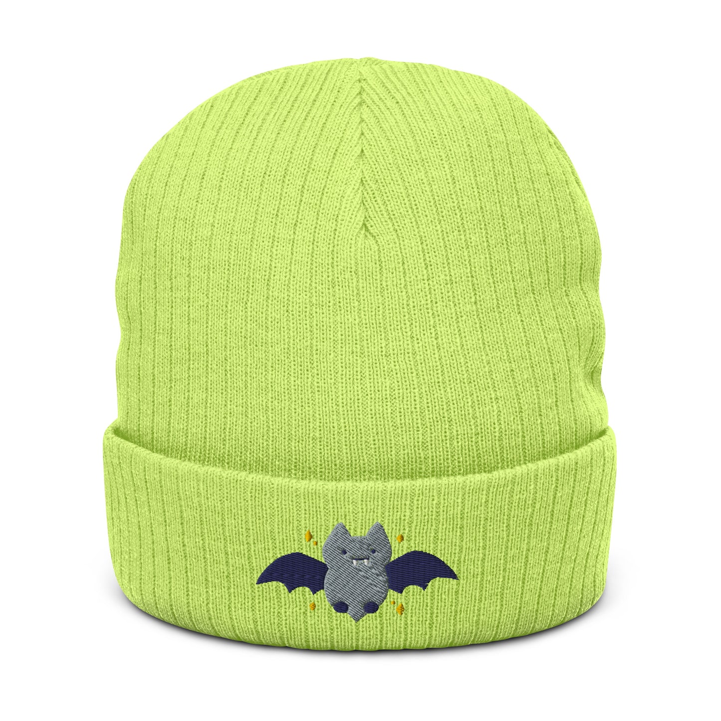 Halloween Bat Ribbed Knit Beanie - Embroidered Unisex Beanie: Acid Green
