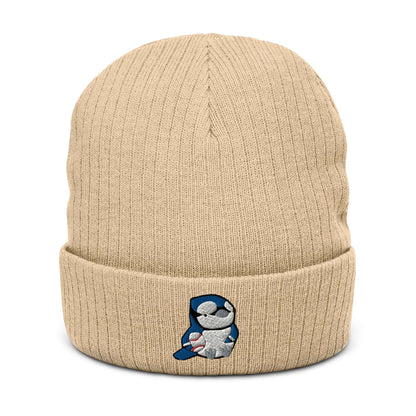 Embroidered ribbed Beanie with Blue Jay Bird Holding a Baseball: Beige