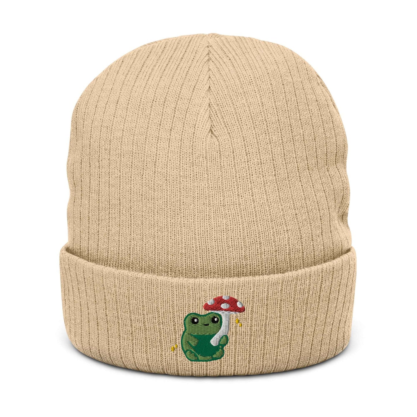 Ribbed Knit Beanie with Cute Embroidered Frog holding a Mushroom Umbrella: Beige