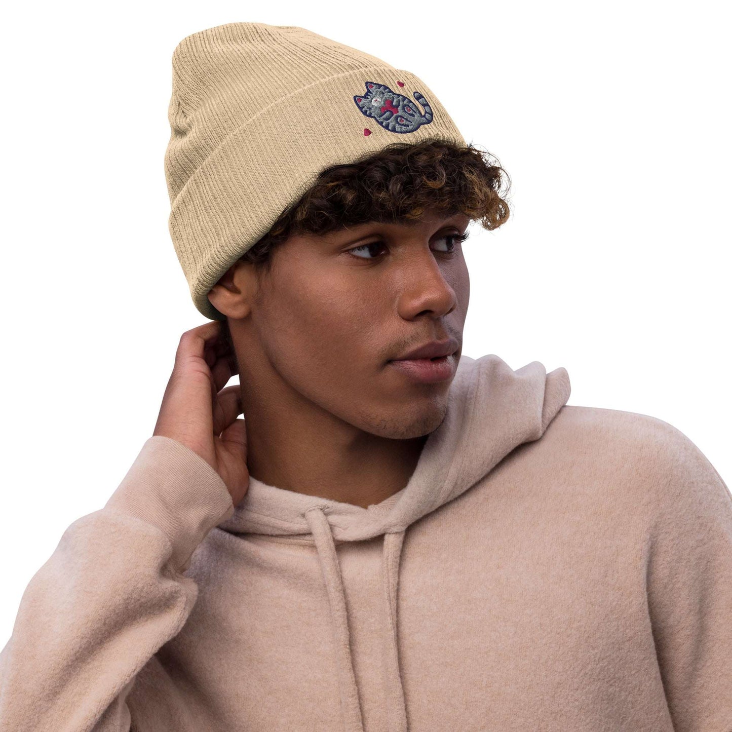 Ribbed Beanie with Embroidered Grey Tabby Cat. Unisex Toque