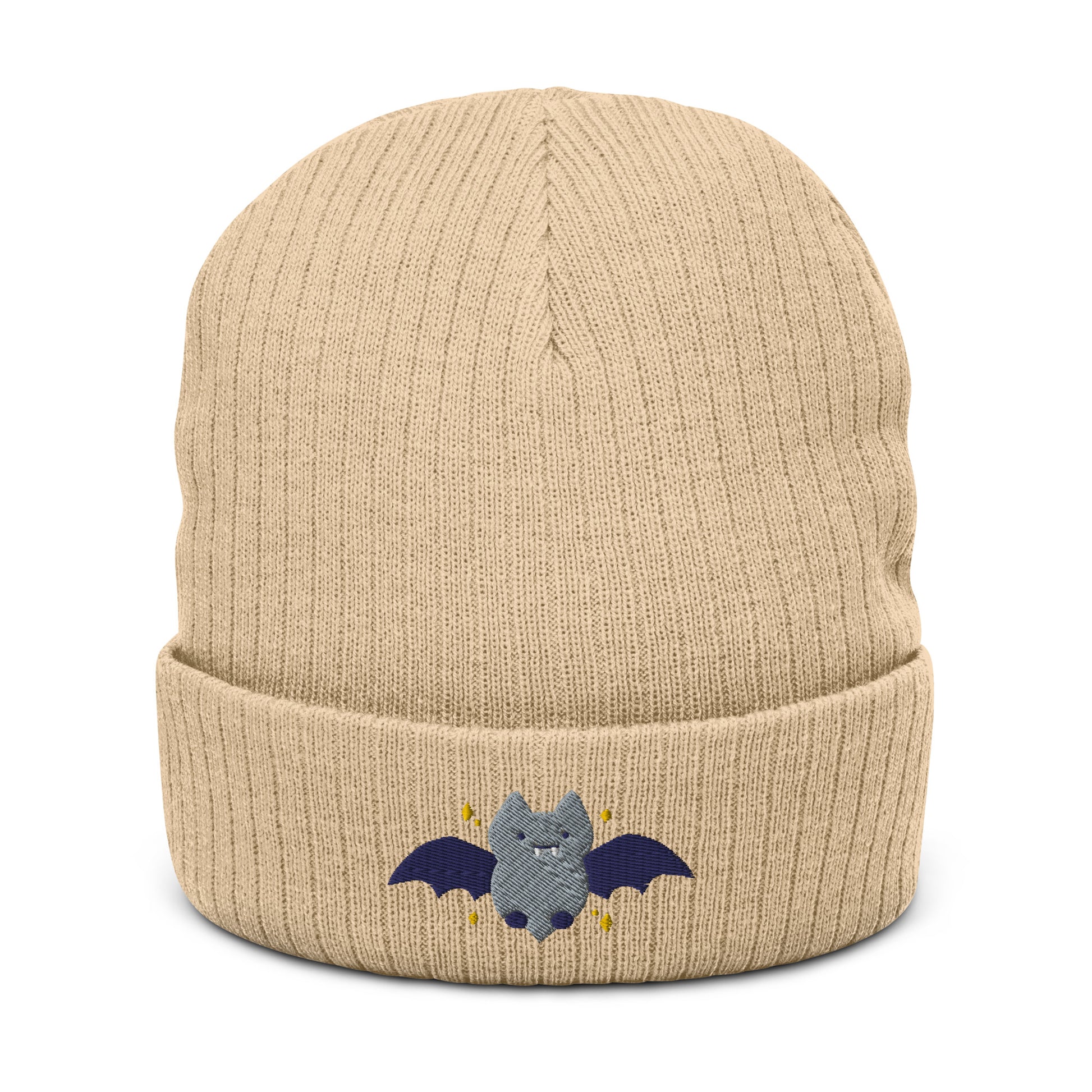 Halloween Bat Ribbed Knit Beanie - Embroidered Unisex Beanie: Beige