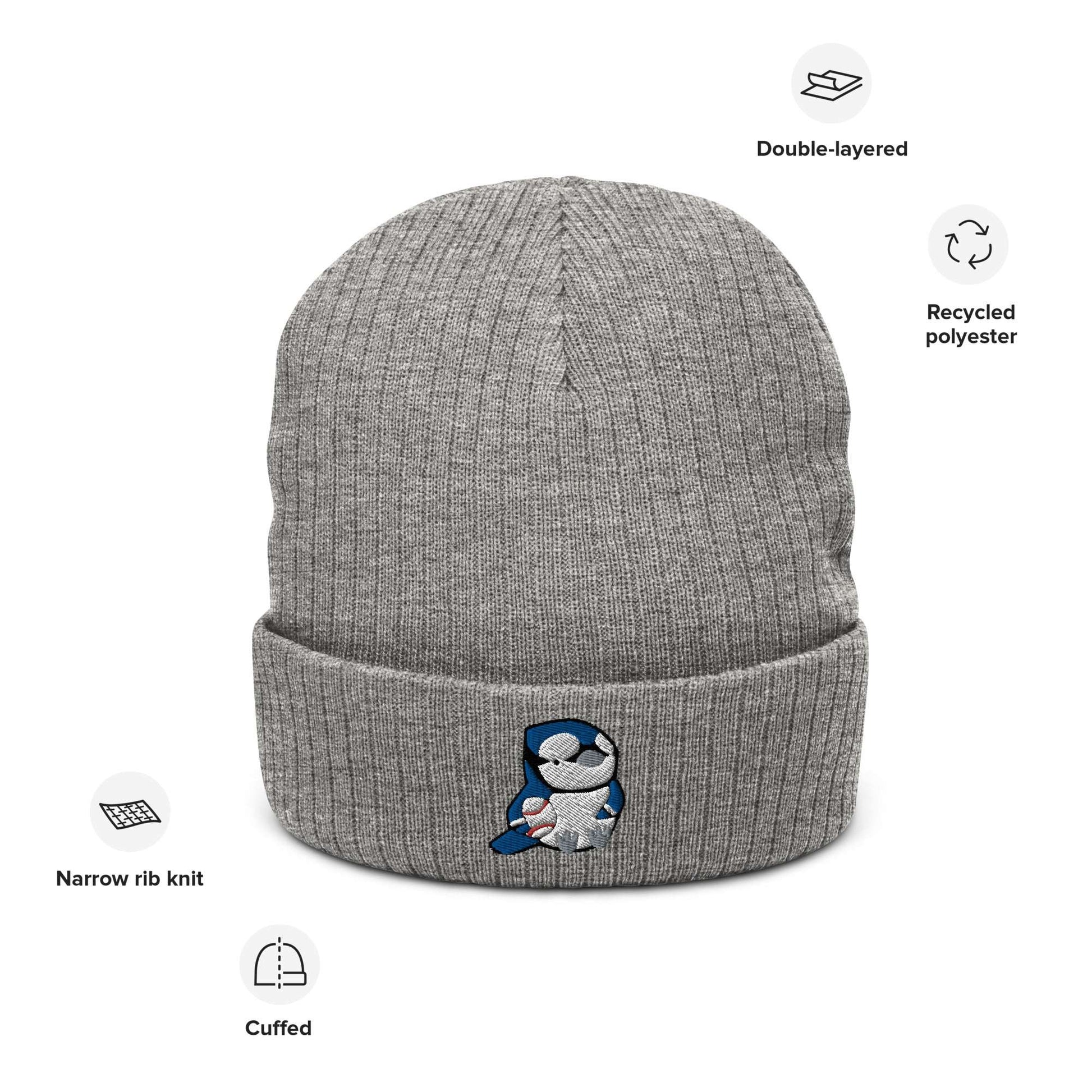 Embroidered ribbed Beanie with Blue Jay Bird Holding a Baseball