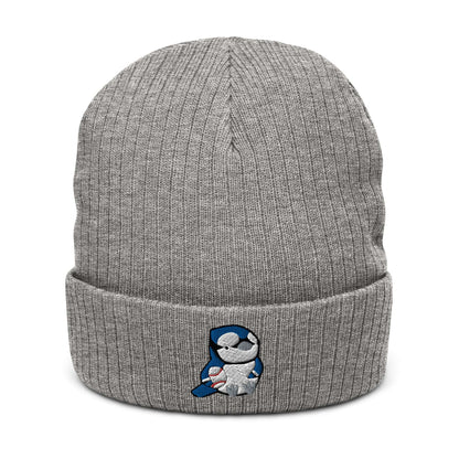 Embroidered ribbed Beanie with Blue Jay Bird Holding a Baseball: Light Grey Melange