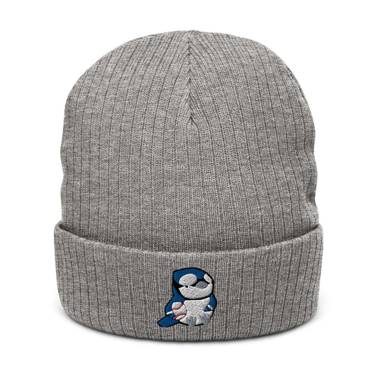 Embroidered ribbed Beanie with Blue Jay Bird Holding a Baseball by Wild Whimsy Woolies