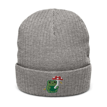 Ribbed Knit Beanie with Cute Embroidered Frog holding a Mushroom Umbrella: Light Grey Melange