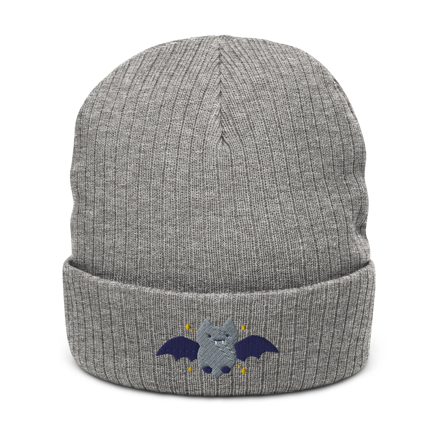 Halloween Bat Ribbed Knit Beanie - Embroidered Unisex Beanie: Light Grey Melange