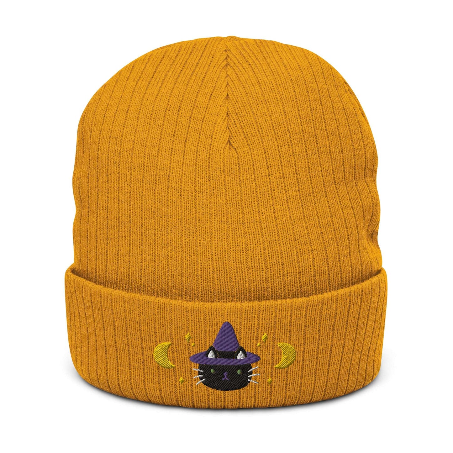 Black Cat Witch Ribbed Knit Beanie. Halloween Embroidered Beanie: Mustard