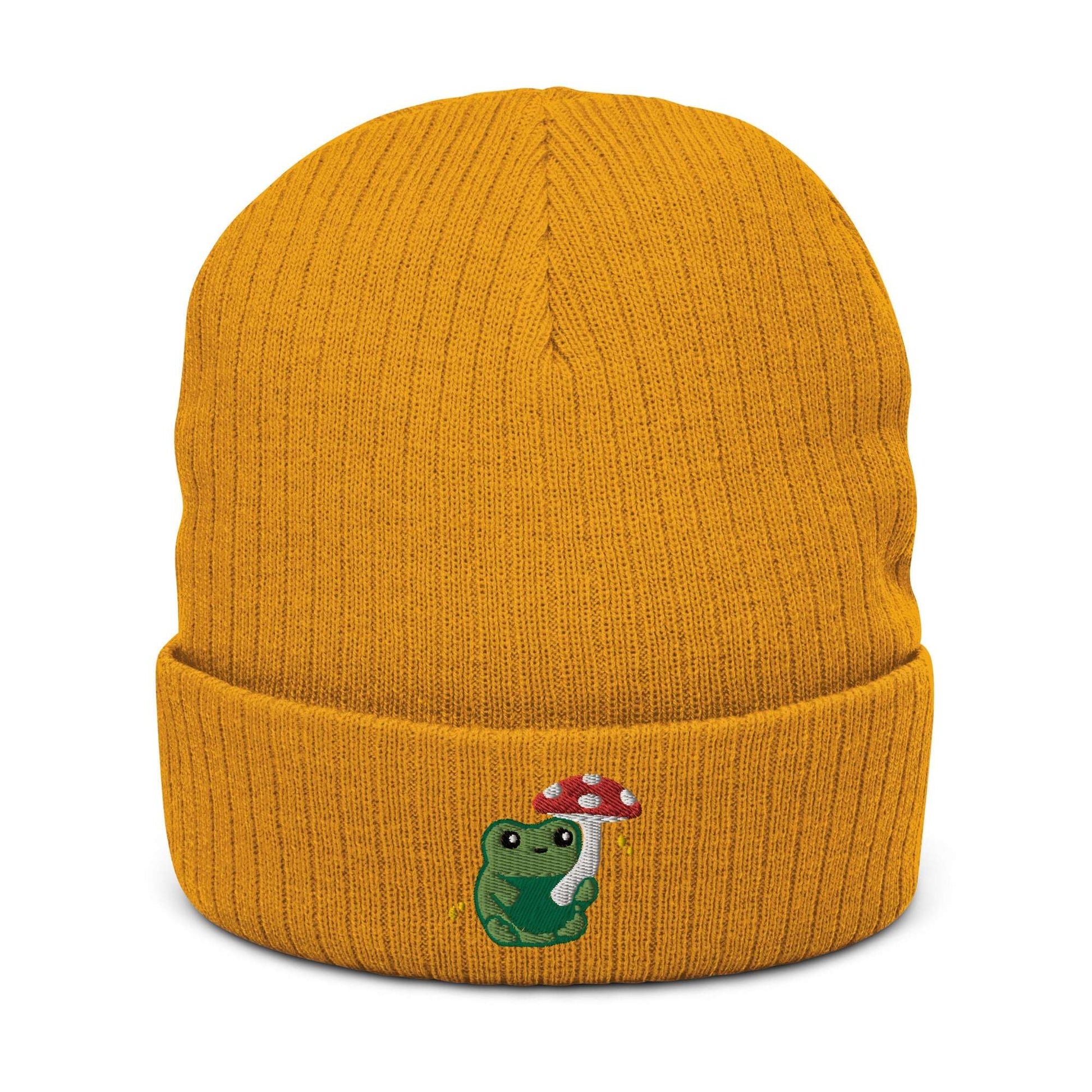 Ribbed Knit Beanie with Cute Embroidered Frog holding a Mushroom Umbrella: Mustard