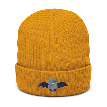 Halloween Bat Ribbed Knit Beanie - Embroidered Unisex Beanie: Mustard