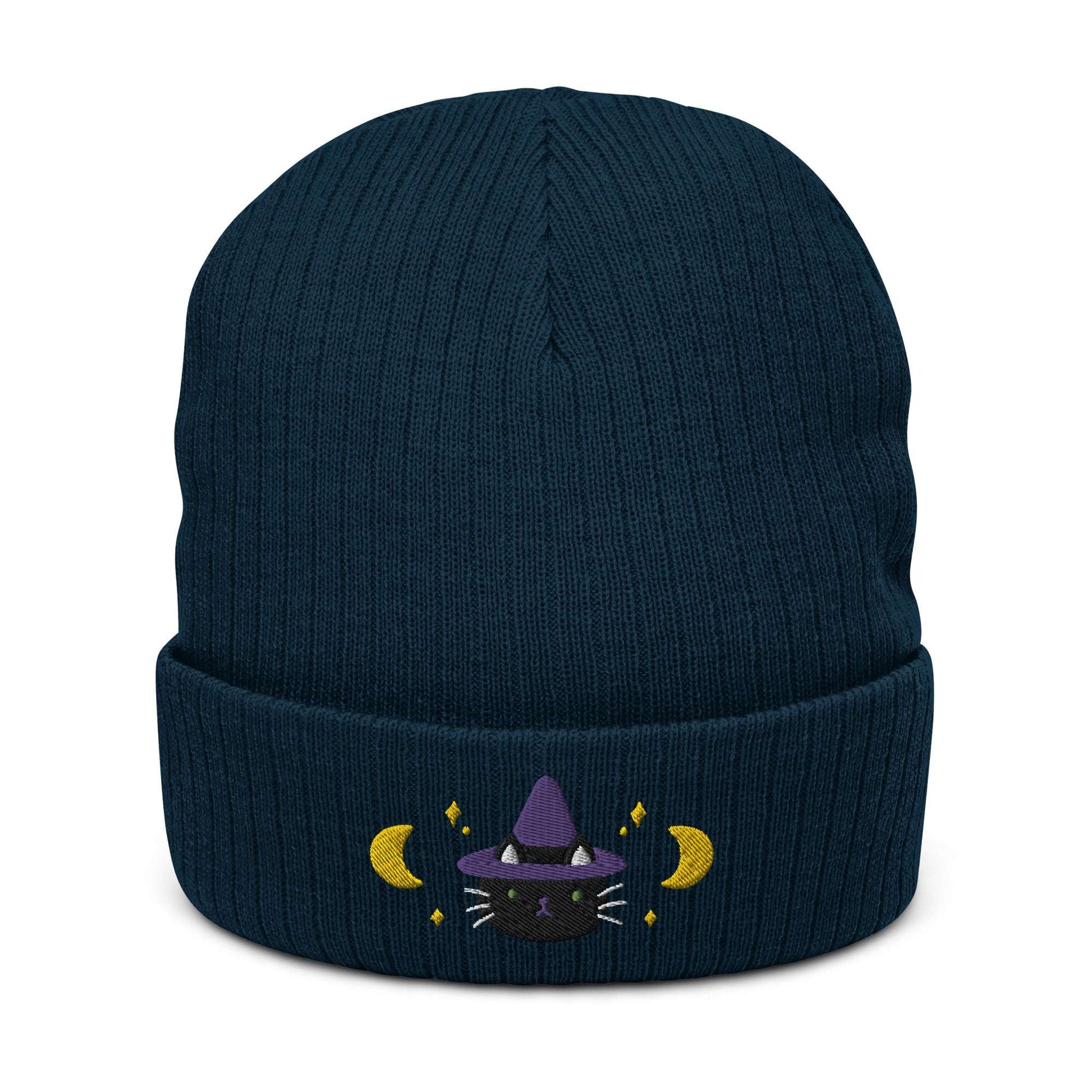 Black Cat Witch Ribbed Knit Beanie. Halloween Embroidered Beanie: Navy