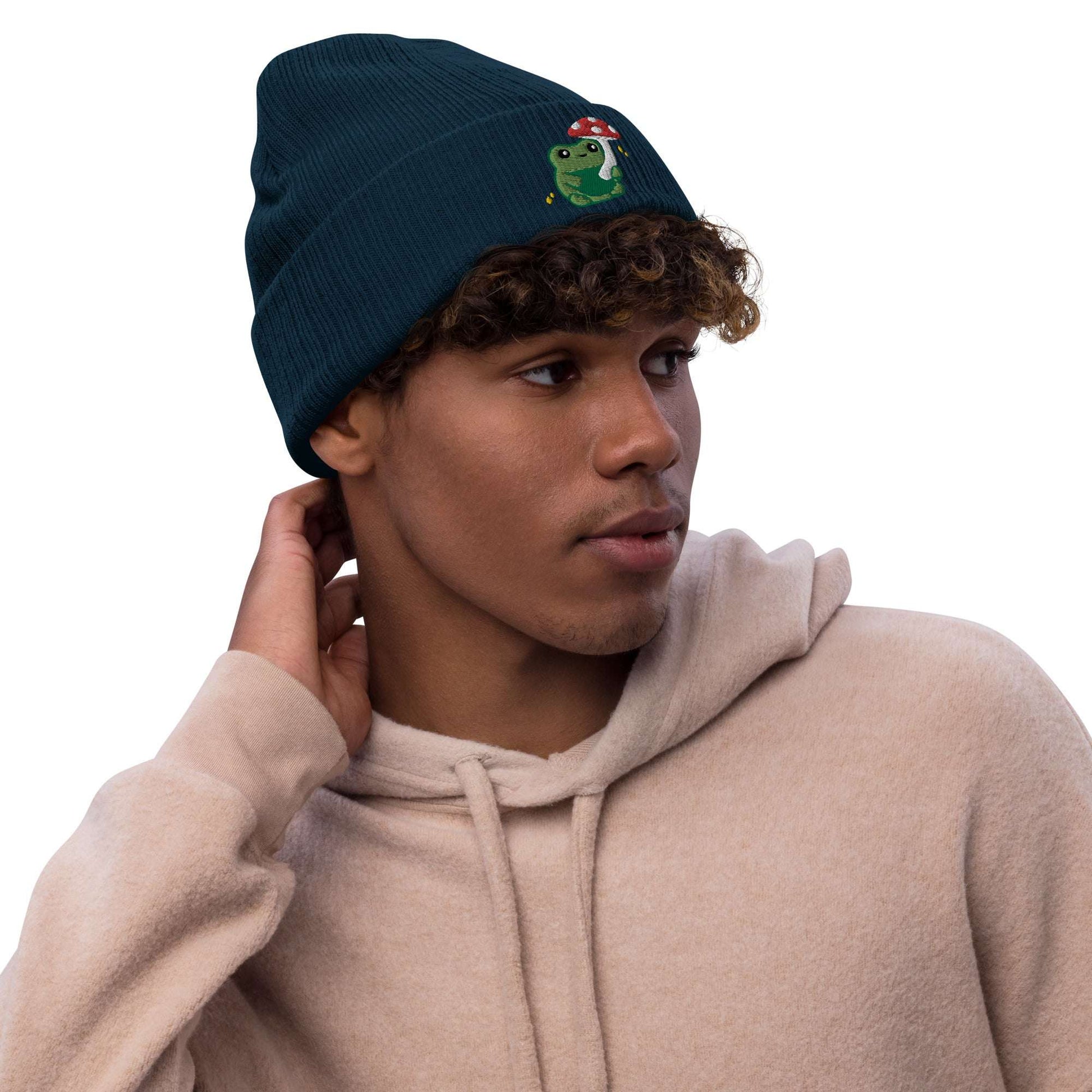 Ribbed Knit Beanie with Cute Embroidered Frog holding a Mushroom Umbrella