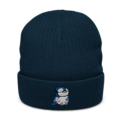 Embroidered ribbed Beanie with Blue Jay Bird Holding a Baseball: Navy