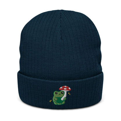 Ribbed Knit Beanie with Cute Embroidered Frog holding a Mushroom Umbrella: Navy