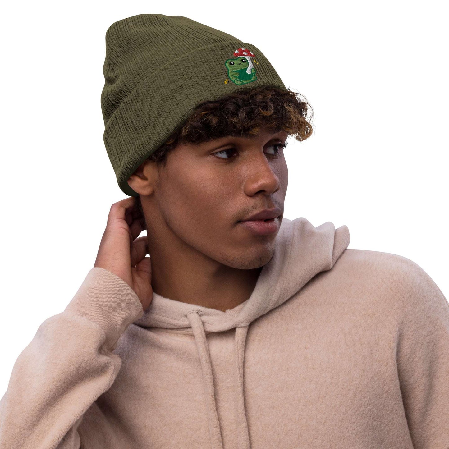 Ribbed Knit Beanie with Cute Embroidered Frog holding a Mushroom Umbrella