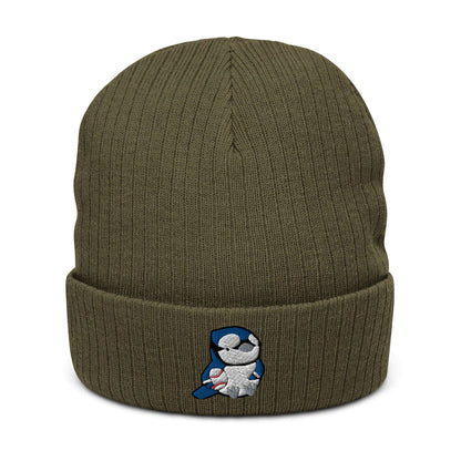 Embroidered ribbed Beanie with Blue Jay Bird Holding a Baseball by Wild Whimsy Woolies