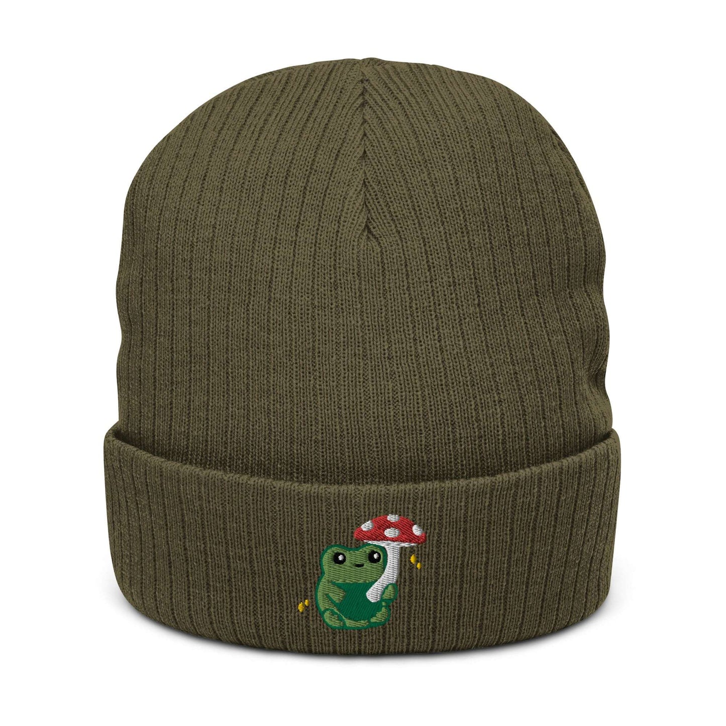 Ribbed Knit Beanie with Cute Embroidered Frog holding a Mushroom Umbrella: Olive