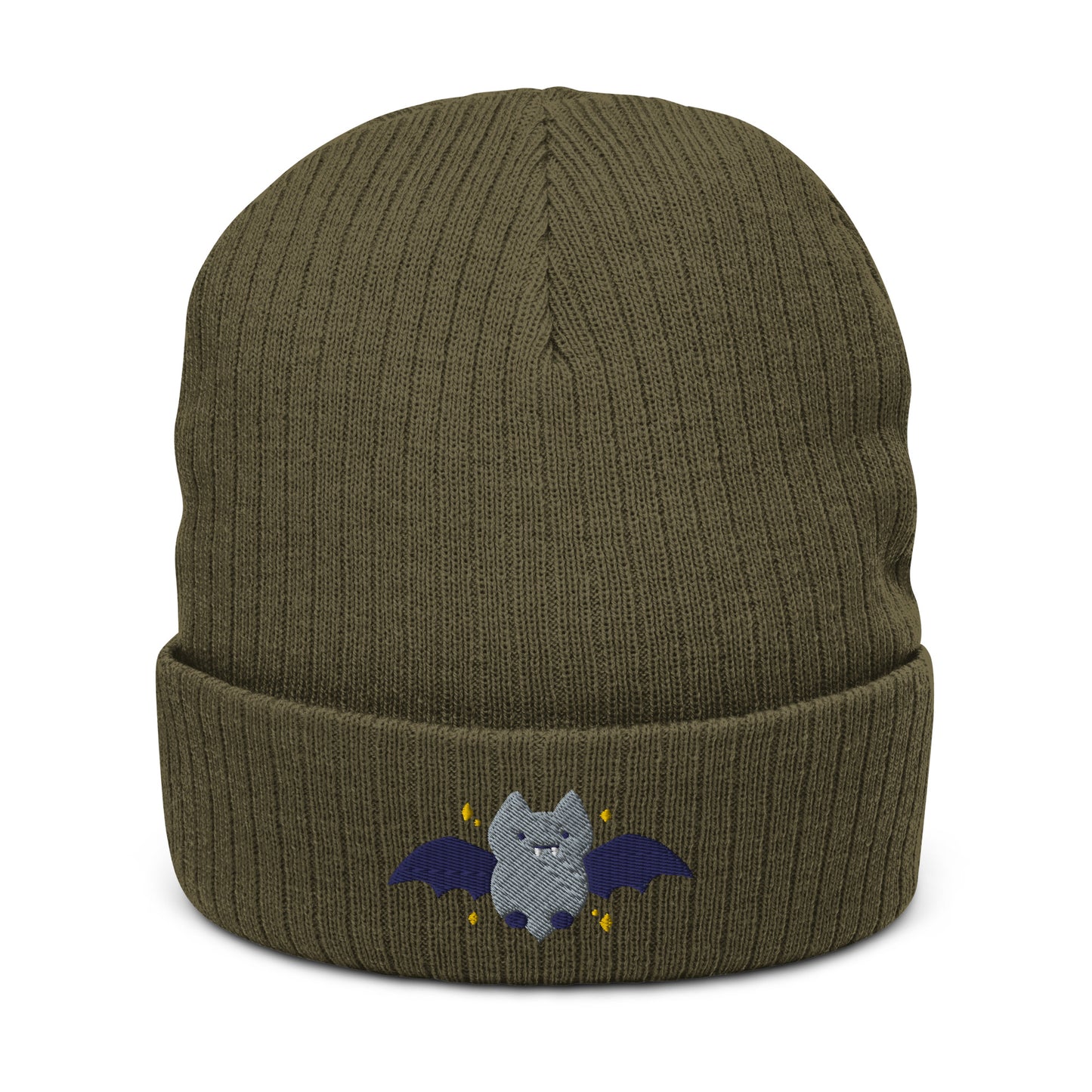 Halloween Bat Ribbed Knit Beanie - Embroidered Unisex Beanie: Olive