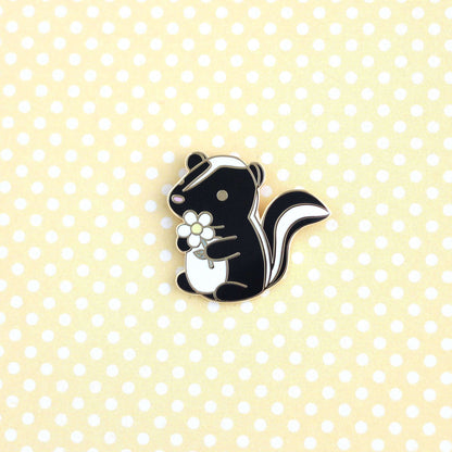 Skunk and Daisy Enamel Pin (Black Variant) - Cute Skunk Pin by Wild Whimsy Woolies