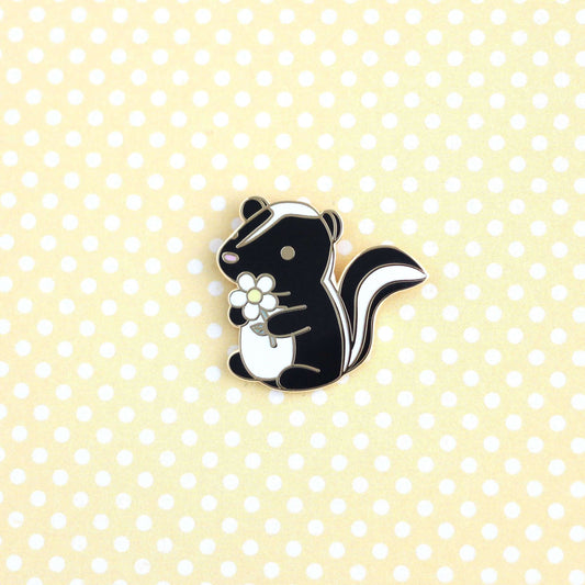 Skunk and Daisy Enamel Pin (Black Variant) - Cute Skunk Gift